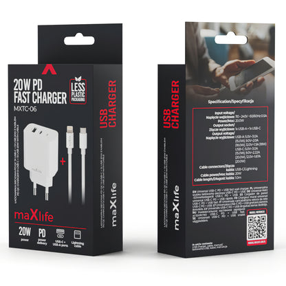 Punjač za mrežu sa Lightning kablom MaXlife MXTC-06-20AC, 20W, 3A, 1 x USB-A - 1 x USB-C, Beli