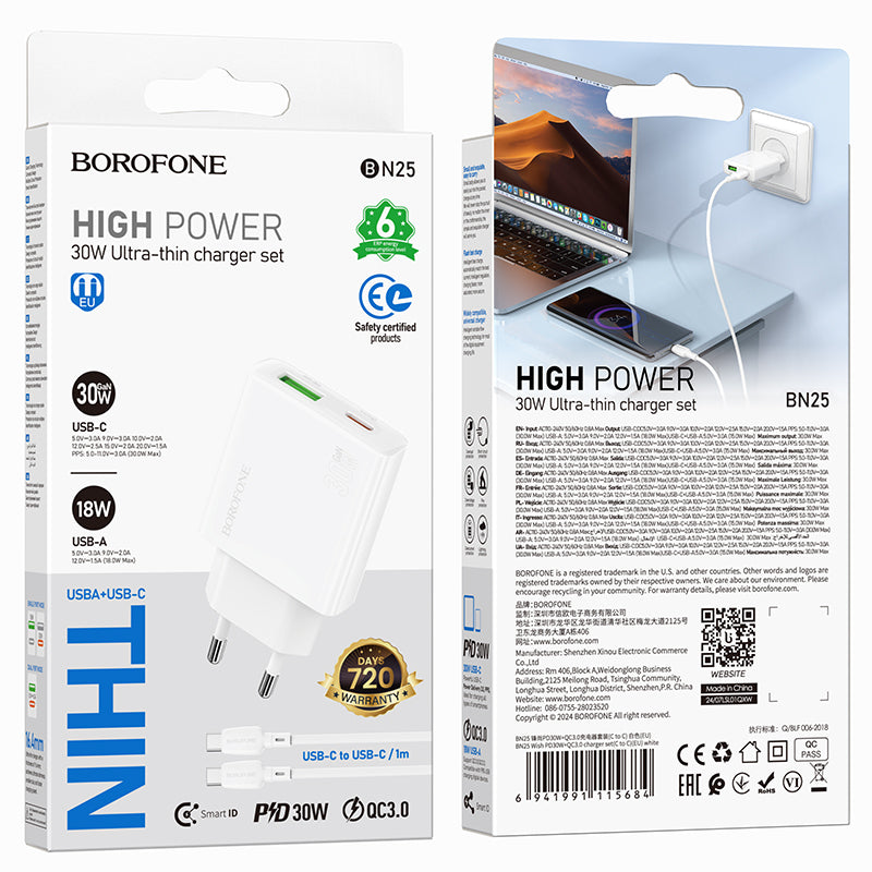 Punjač za mrežu sa USB-C kablom Borofone BN25 Wish, 30W, 3A, 1 x USB-A - 1 x USB-C, Beli