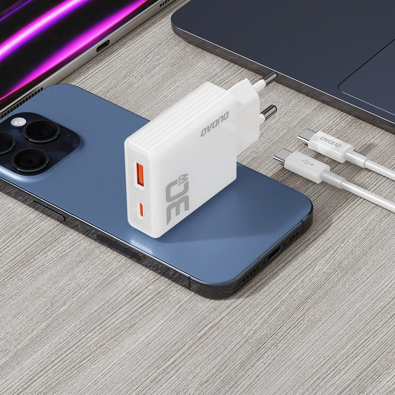 Dudao A30EUT USB-C Cable Network Charger, 30W, 3A, 1 x USB-A - 1 x USB-C, White 