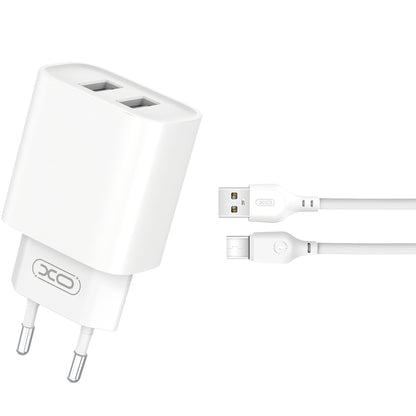 Punjač za mrežu sa USB-C kablom XO Design BPCE02C, 10.5W, 2.1A, 2 x USB-A, Beli