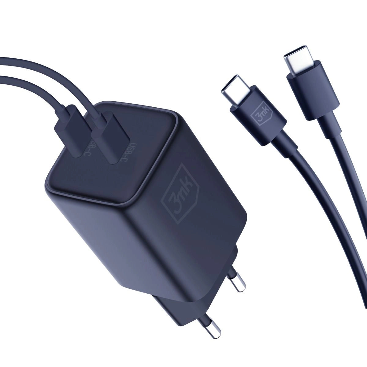 Punjač za mrežu sa USB-C kablom 3MK HyperCharger, 45W, 3A, 2 x USB-C, Crni