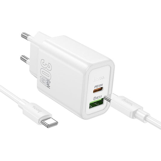 Punjač za mrežu sa USB-C kablom HOCO N63, 30W, 3A, 1 x USB-A - 1 x USB-C, Beli