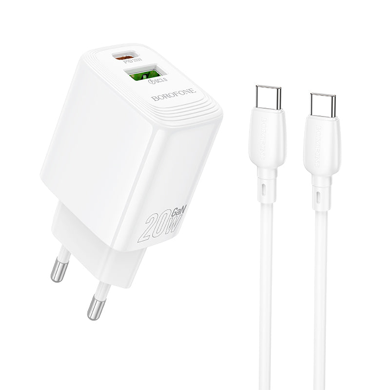 Punjač za mrežu sa USB-C kablom Borofone BN27 Fuente, 20W, 3A, 1 x USB-A - 1 x USB-C, Beli