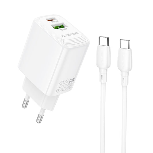 Punjač za mrežu sa USB-C kablom Borofone BN29 Fuente, 30W, 3A, 1 x USB-A - 1 x USB-C, Beli