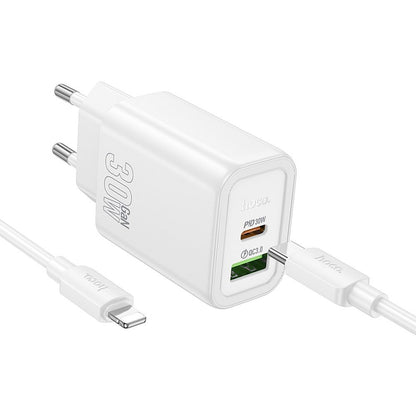 Punjač za mrežu sa Lightning kablom HOCO N63, 30W, 3A, 1 x USB-A - 1 x USB-C, Beli