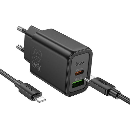 Punjač za mrežu sa USB-C kablom HOCO N61, 20W, 3A, 1 x USB-A - 1 x USB-C, Crni