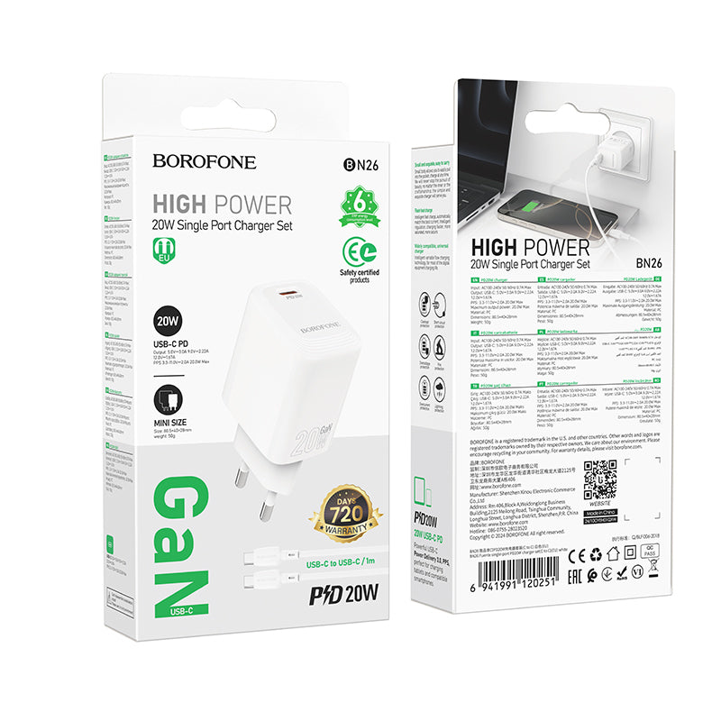 Punjač za mrežu sa USB-C kablom Borofone BN26 Fuente, 20W, 3A, 1 x USB-C, Bela