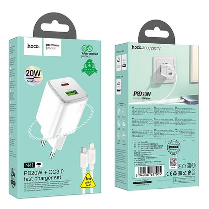 Punjač za mrežu sa Lightning kablom HOCO N41, 20W, 3A, 1 x USB-A - 1 x USB-C, Beli