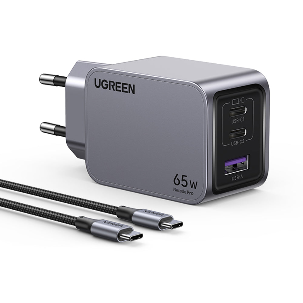 Punjač za mrežu sa USB-C kablom UGREEN X755 Nexode Pro, 65W, 3A, 1 x USB-A - 2 x USB-C, Sivi