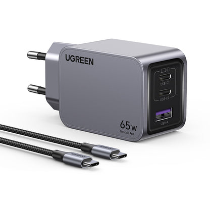 Punjač za mrežu sa USB-C kablom UGREEN X755 Nexode Pro, 65W, 3A, 1 x USB-A - 2 x USB-C, Sivi