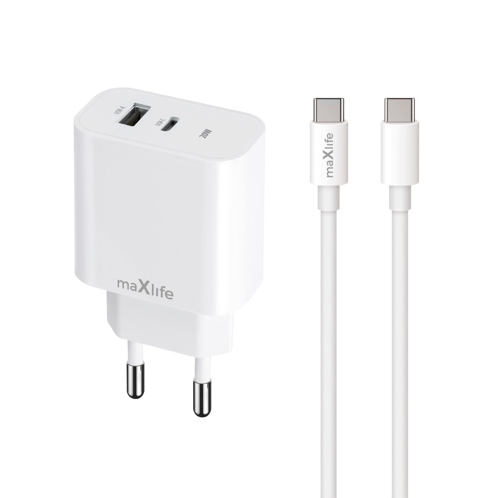 Punjač za mrežu sa USB-C kablom MaXlife MXTC-06-20AC, 20W, 3A, 1 x USB-A - 1 x USB-C, Beli