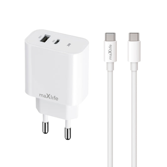 Punjač za mrežu sa USB-C kablom MaXlife MXTC-06-20AC, 20W, 3A, 1 x USB-A - 1 x USB-C, Beli