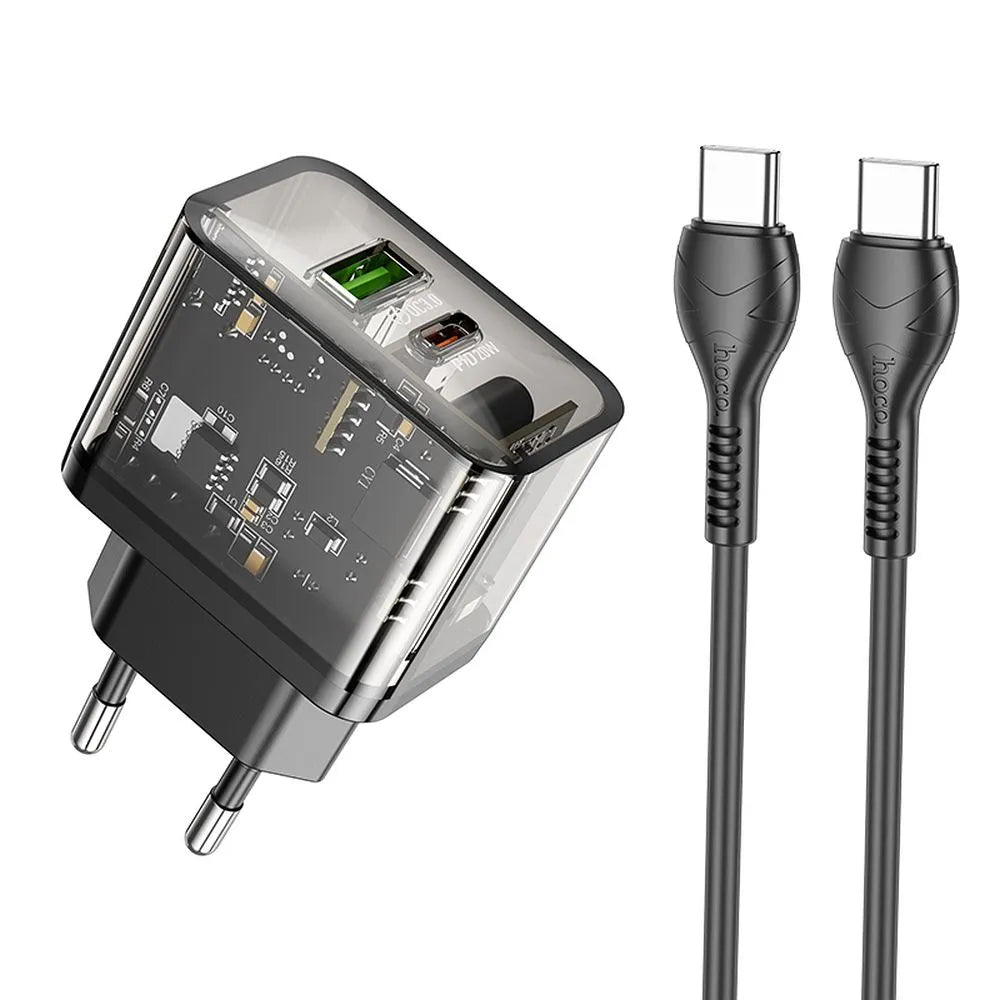 Punjač za mrežu sa USB-C kablom HOCO N34, 20W, 3A, 1 x USB-A - 1 x USB-C, Transparentan