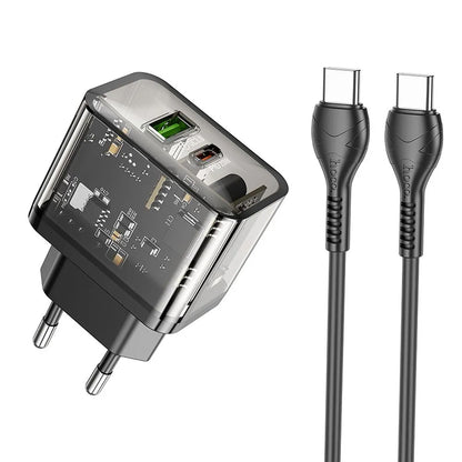Punjač za mrežu sa USB-C kablom HOCO N34, 20W, 3A, 1 x USB-A - 1 x USB-C, Transparentan