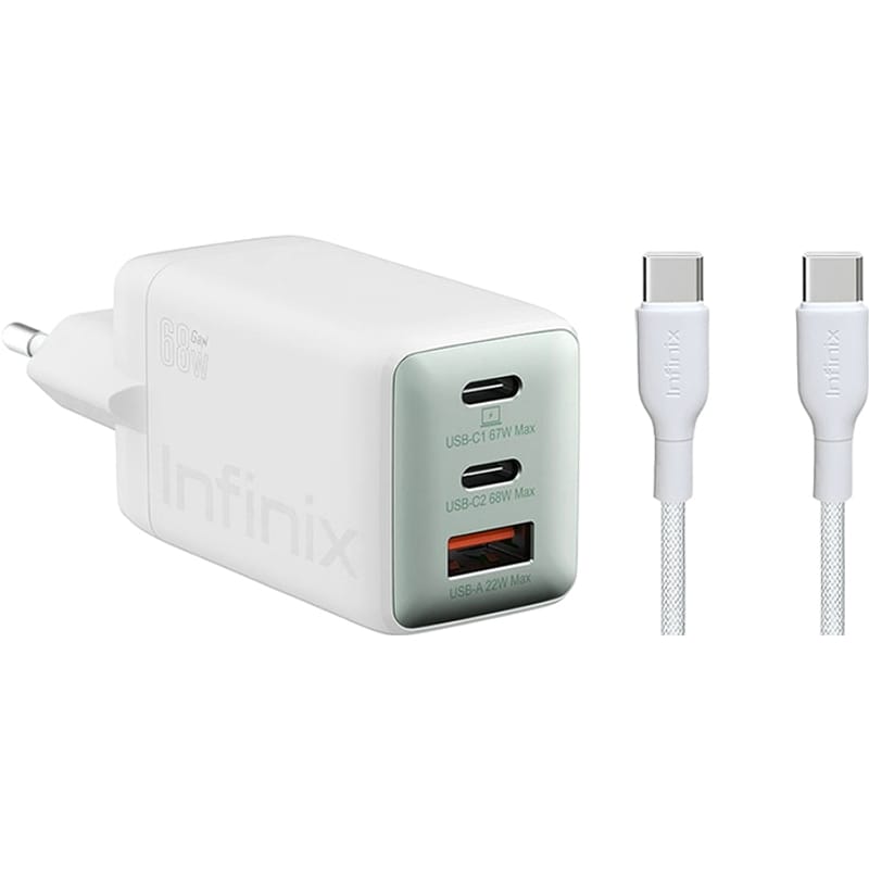 Punjač mreže sa USB-C kablom Infinix XC07868EU + XDC95, 68W, 6.2A, 1 x USB-A - 2 x USB-C, Beli
