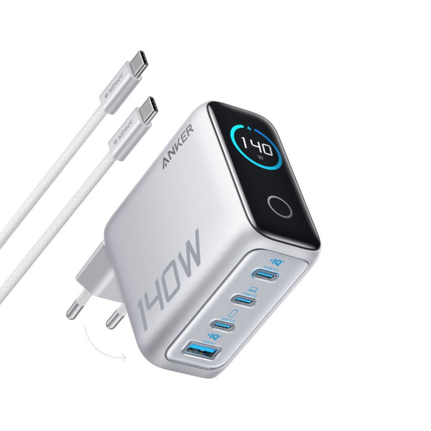 Punjač za mrežu sa USB-C kablom Anker Zolo, 140W, 5A, 1 x USB-A - 3 x USB-C, Srebrni B2697G41