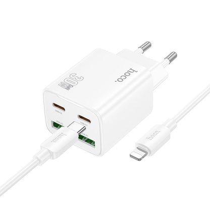 Punjač za mrežu sa Lightning kablom HOCO N56, 30W, 3A, 2 x USB-A - 2 x USB-C, Beli