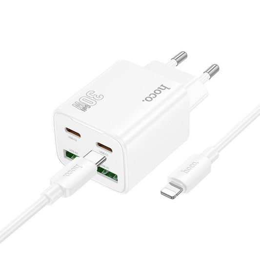 Punjač za mrežu sa Lightning kablom HOCO N56, 30W, 3A, 2 x USB-A - 2 x USB-C, Beli