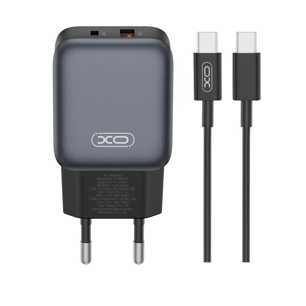 Punjač za mrežu sa USB-C kablom XO Design L156, 30W, 3A, 1 x USB-A - 1 x USB-C, Crni