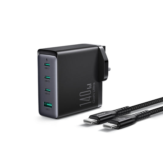Punjač za mrežu sa USB-C kablom Joyroom JR-TCG05UK, 140W, 5A, 1 x USB-A - 3 x USB-C, UK, Crni