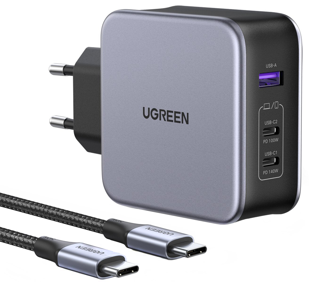 Punjač za mrežu sa USB-C kablom UGREEN CD289, 140W, 5A, 1 x USB-A - 2 x USB-C, Sivi