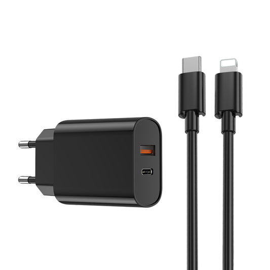 Punjač za mrežu sa Lightning kablom WiWu Wi-U002, 20W, 3A, 1 x USB-A - 1 x USB-C, Crni