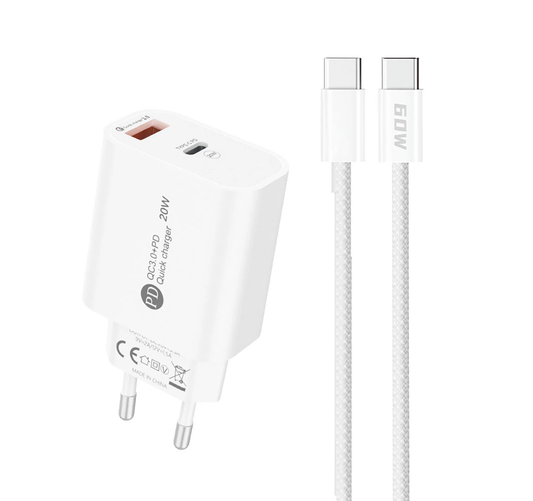 Punjač za mrežu sa USB-C kablom A6MaxL, 20W, 3A, 1 x USB-A - 1 x USB-C, Beli