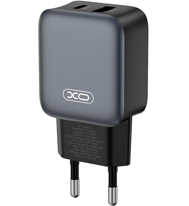 Punjač za mrežu sa Lightning kablom XO Design L154, 20W, 3A, 1 x USB-A - 1 x USB-C, Crni