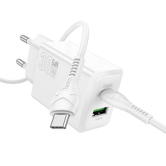 Punjač za mrežu sa USB-C kablom HOCO N71, 30W, 3A, 1 x USB-A - 1 x USB-C, Beli