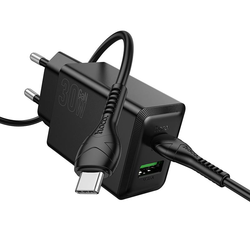 Punjač za mrežu sa USB-C kablom HOCO N71, 30W, 3A, 1 x USB-A - 1 x USB-C, Crni