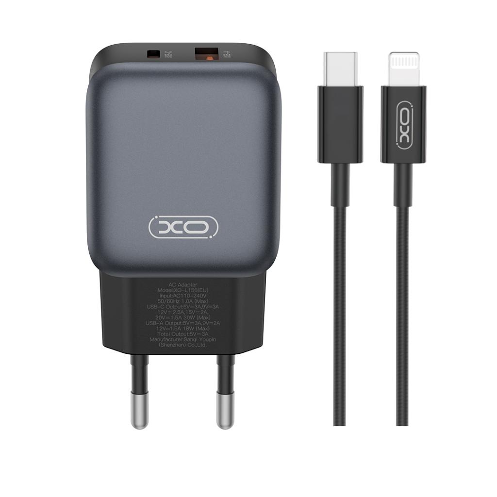 Punjač za mrežu sa Lightning kablom XO Design L156, 30W, 3A, 1 x USB-A - 1 x USB-C, Crni