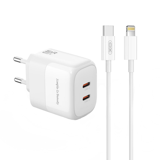 Punjač za mrežu sa Lightning kablom XO Design L140, 35W, 3A, 2 x USB-C, Beli