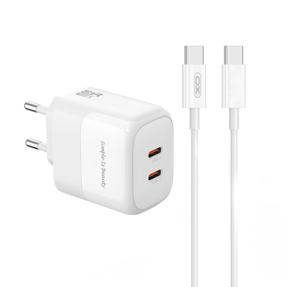 Punjač za mrežu sa USB-C kablom XO Design L140, 35W, 3A, 2 x USB-C, Bela