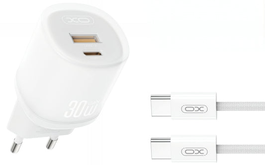 Punjač za mrežu sa USB-C kablom XO Design L151, 30W, 3A, 1 x USB-A - 1 x USB-C, Beli