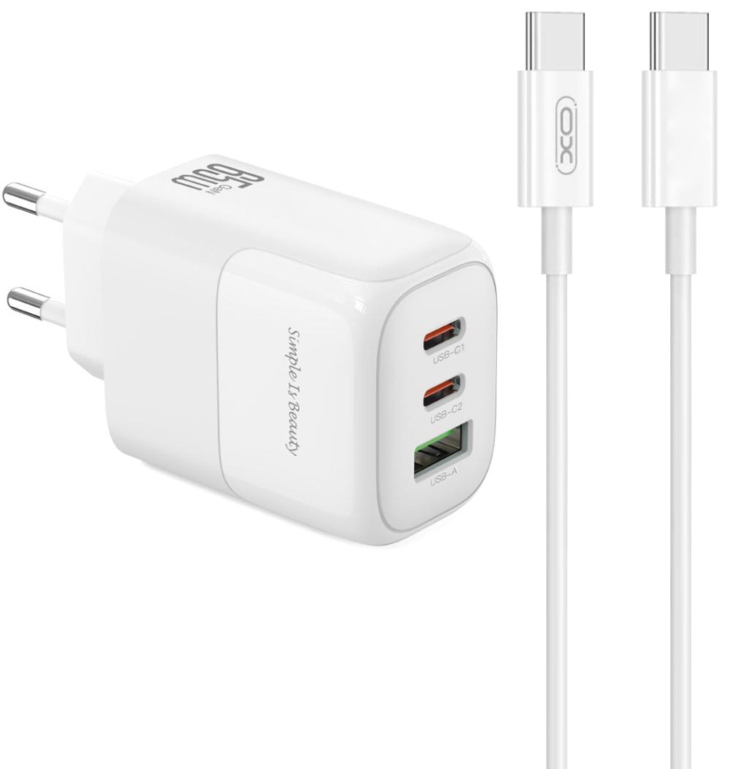 Punjač za mrežu sa USB-C kablom XO Design L139, 65W, 4.5A, 1 x USB-A - 2 x USB-C, Beli