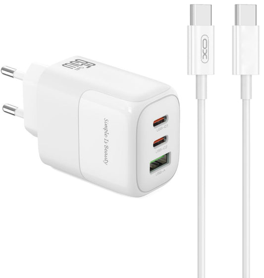 Punjač za mrežu sa USB-C kablom XO Design L139, 65W, 4.5A, 1 x USB-A - 2 x USB-C, Beli