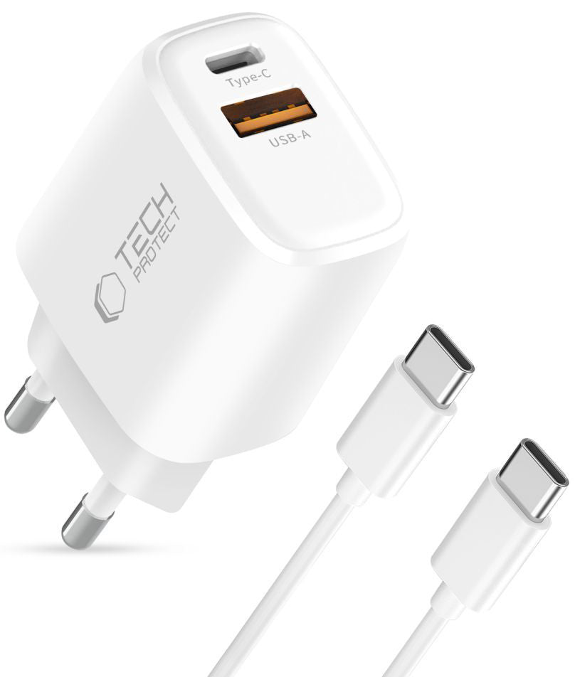 Punjač mreže sa USB-C kablom Tech-Protect NCA45W, 45W, 3A, 1 x USB-A - 1 x USB-C, Beli