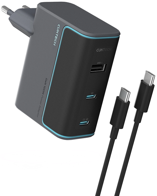 Punjač za mrežu sa USB-C kablom Cuktech, 100W, 5A, 1 x USB-A - 2 x USB-C, Sivi CUKAD1003EUG