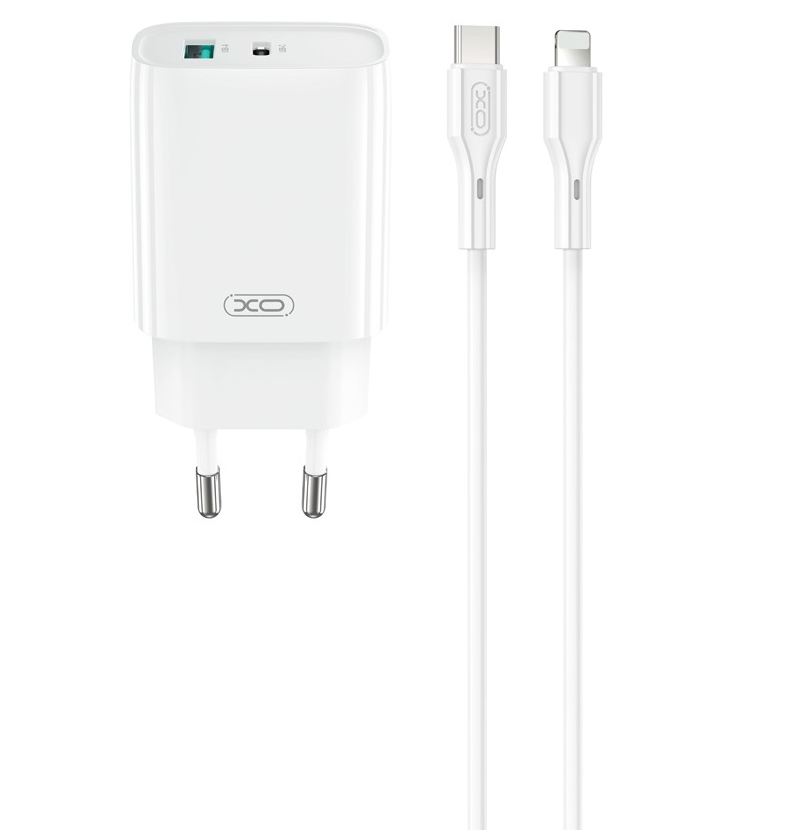 Punjač za mrežu sa Lightning kablom XO Design CE30, 30W, 3A, 1 x USB-A - 1 x USB-C, Beli