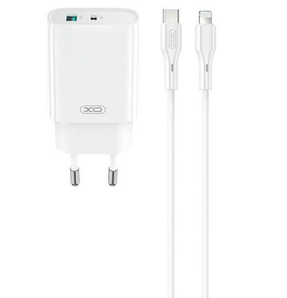 Punjač za mrežu sa Lightning kablom XO Design CE30, 30W, 3A, 1 x USB-A - 1 x USB-C, Beli