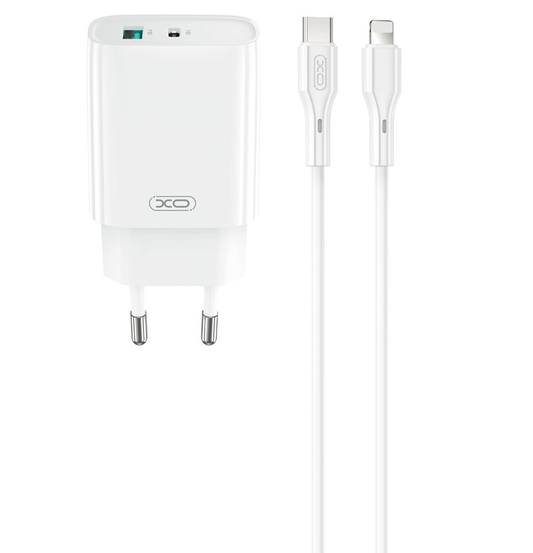 Punjač za mrežu sa Lightning kablom XO Design CE30, 30W, 3A, 1 x USB-A - 1 x USB-C, Beli