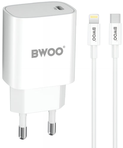 Punjač za mrežu sa Lightning kablom BWOO CDA159, 20W, 3A, 1 x USB-C, Bela