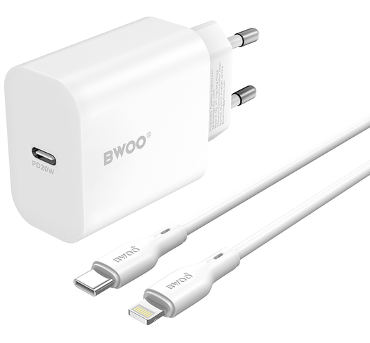 Punjač za mrežu sa Lightning kablom BWOO CDA233, 20W, 3A, 1 x USB-C, Beli