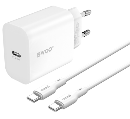 Punjač za mrežu sa USB-C kablom BWOO CDA233, 20W, 3A, 1 x USB-C, Beli