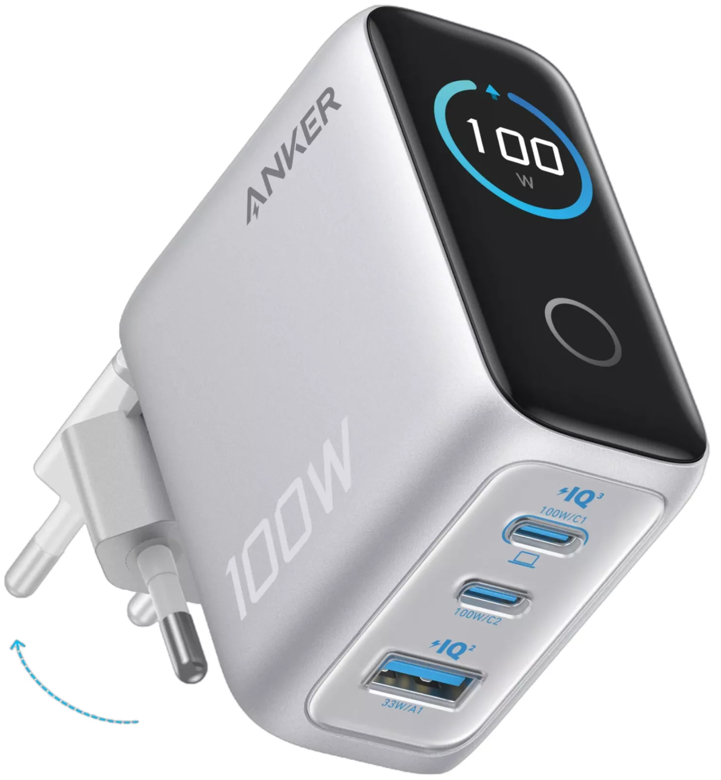 Punjač mreže sa USB-C kablom Anker Smart Display, 100W, 5A, 1 x USB-A - 2 x USB-C, Srebrni B121BG41