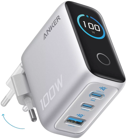 Punjač mreže sa USB-C kablom Anker Smart Display, 100W, 5A, 1 x USB-A - 2 x USB-C, Srebrni B121BG41