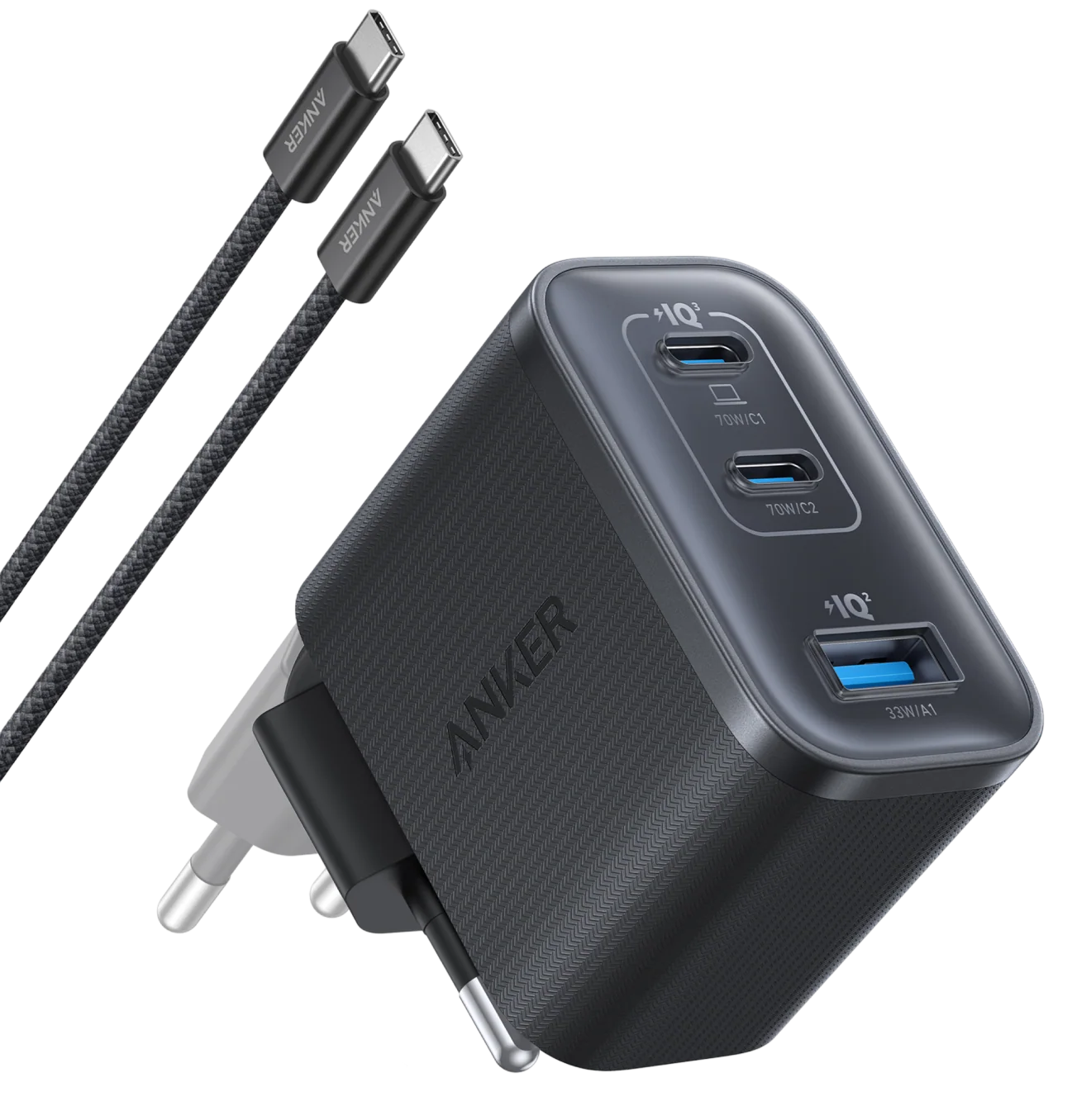 Punjač mreže sa USB-C kablom Anker Nano, 70W, 3.5A, 1 x USB-A - 2 x USB-C, Sivi B121A311
