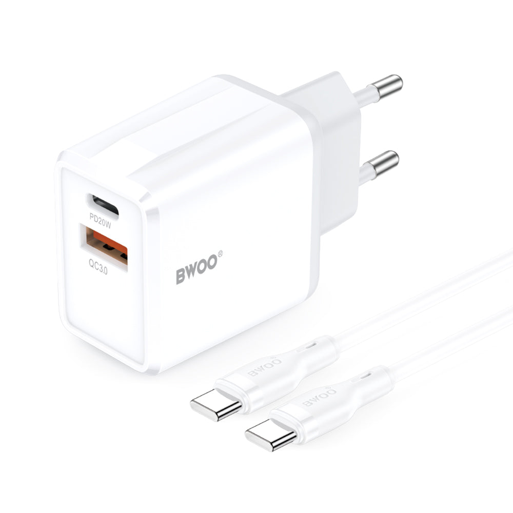 Punjač za mrežu sa USB-C kablom BWOO CDA182, 38W, 3A, 1 x USB-A - 1 x USB-C, Beli