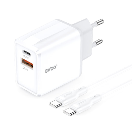 Punjač za mrežu sa USB-C kablom BWOO CDA182, 38W, 3A, 1 x USB-A - 1 x USB-C, Beli