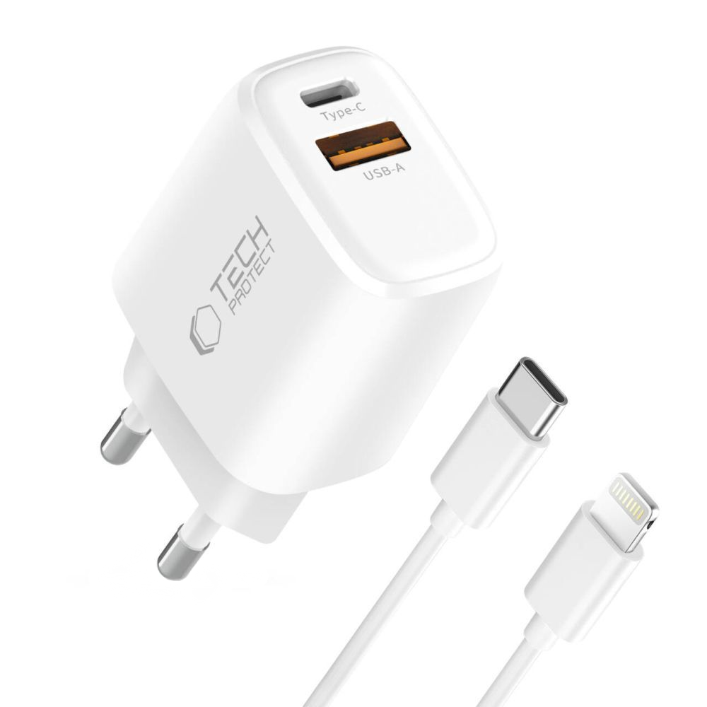 Mrežni punjač sa Lightning kablom Tech-Protect NCA20, 20W, 3A, 1 x USB-A - 1 x USB-C, Bela